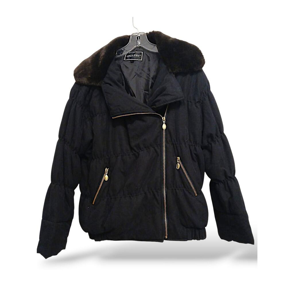 Gallery Quilted Jacket Womens Sizr S Black Faux Fur Collar Coat Fluffy Puffy Zip